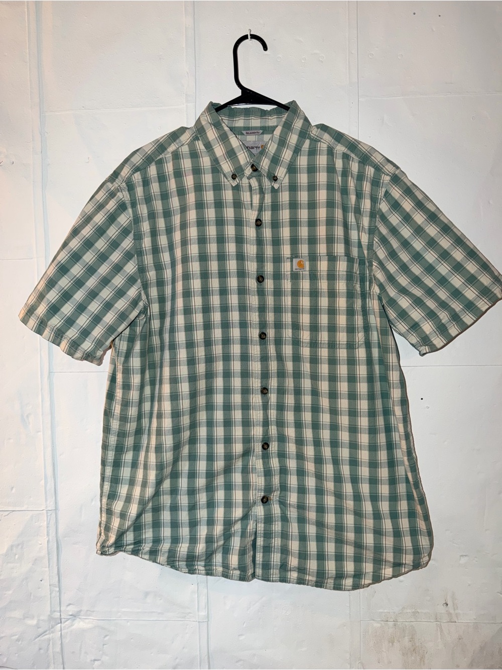 Carhartt 100% cotton Green and White Plaid Short-Sleeve Button-Down Shirt